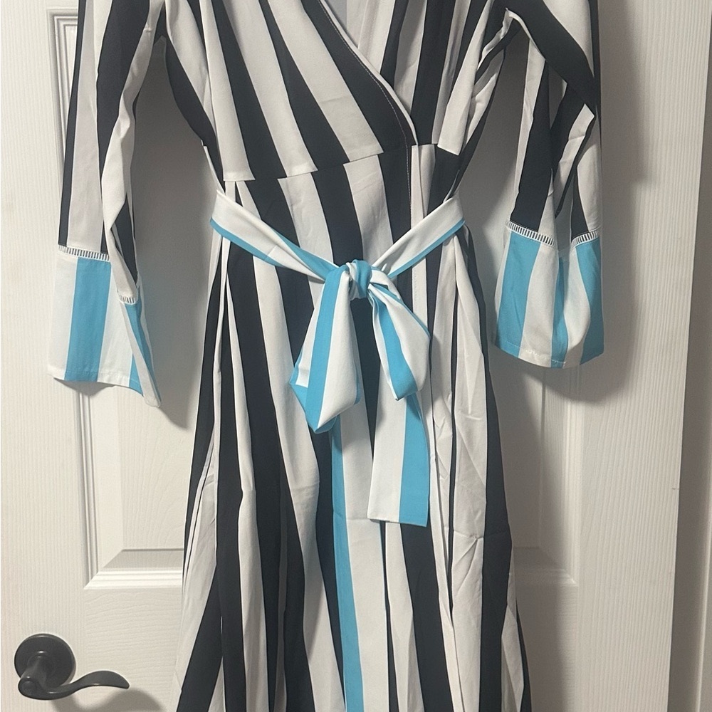 Striped Black and White Wrap Dress with Blue Accents